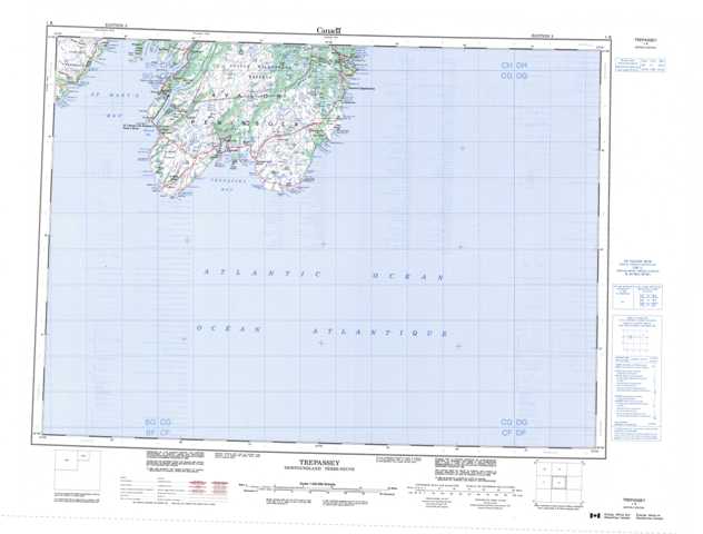 Printable Trepassey Topographic Map 001K at 1:250,000 scale