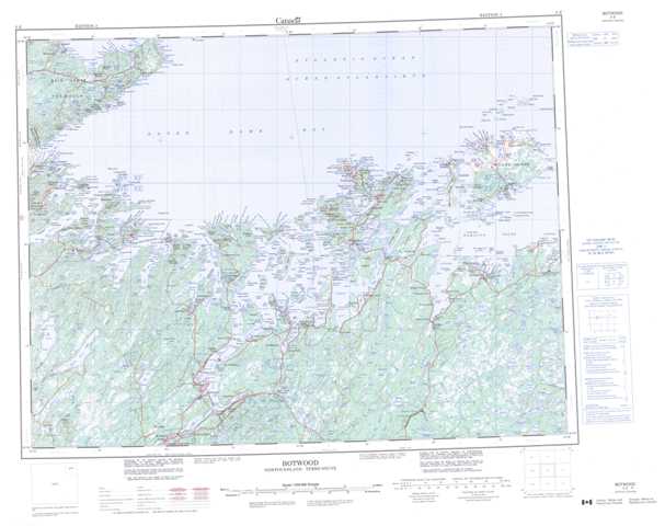 Printable Botwood Topographic Map 002E at 1:250,000 scale