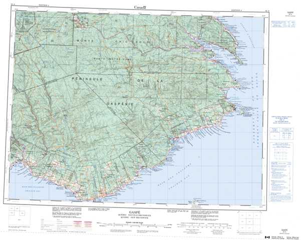 Printable Gaspe Topographic Map 022A at 1:250,000 scale