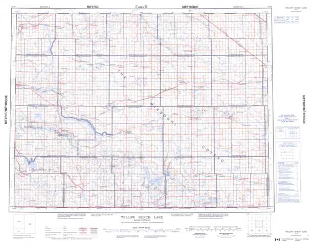 Printable Willow Bunch Lake Topographic Map 072H at 1:250,000 scale