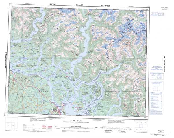 Printable Bute Inlet Topographic Map 092K at 1:250,000 scale