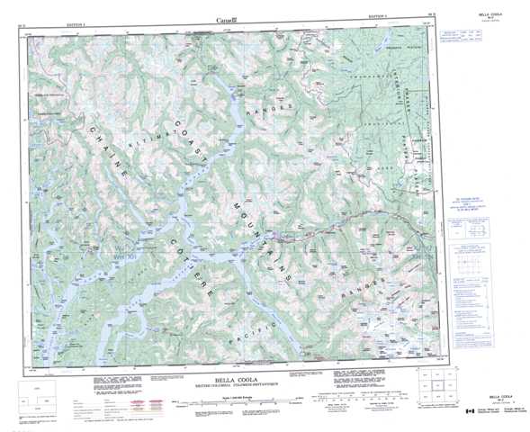 Printable Bella Coola Topographic Map 093D at 1:250,000 scale
