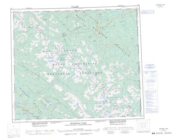 Printable Monkman Pass Topographic Map 093I at 1:250,000 scale