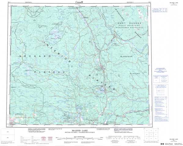 Printable Mcleod Lake Topographic Map 093J at 1:250,000 scale