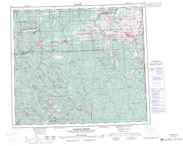 Printable Dawson Creek Topographic Map 093P at 1:250,000 scale