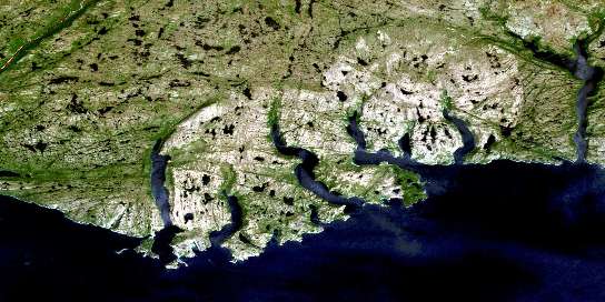 Cape La Hune Satellite Map 011P10 at 1:50,000 scale - National Topographic System of Canada (NTS) - Orthophoto